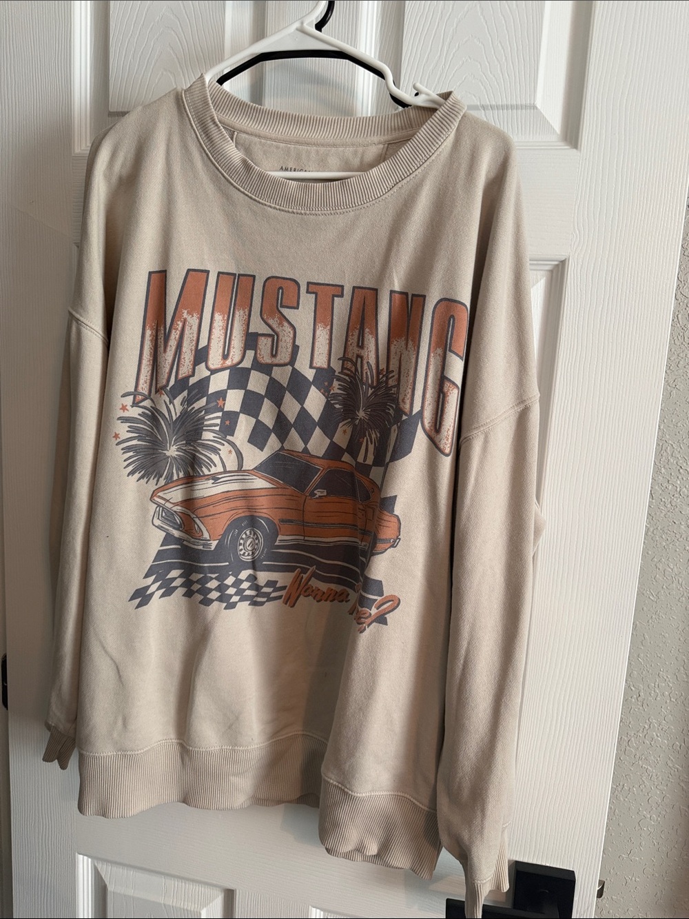 American Eagle Outfitters Beige Crewneck Sweatshirt with Orange Mustang Graphic